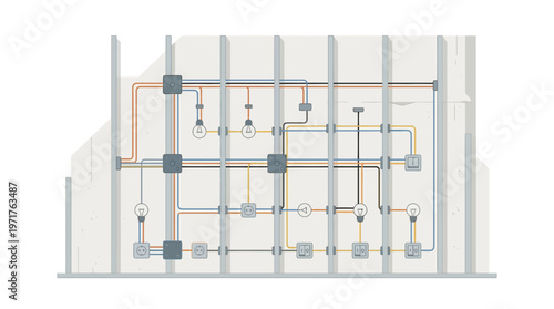 Technical Illustration of Residential Electrical Wiring Diagram on Wall Frame with Lights, Switches, and Outlets - Minimalist Schematic for Construction and Engineering