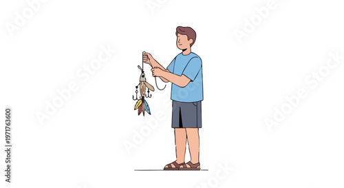 Man holding a handmade fishing lure. Vector illustration of a person with fishing equipment