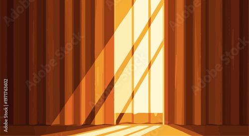 Warm sunlight streaming through a gap in thick, dark brown curtains in a quiet room