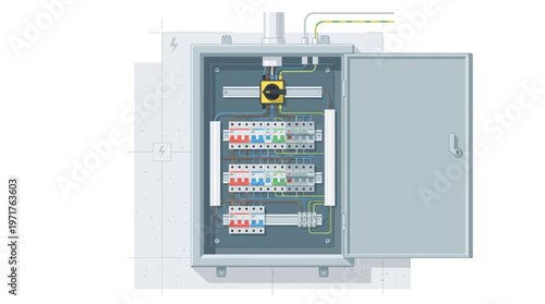 Electrical Distribution Board and Fuse Box Illustration with Circuit Breakers and Wiring. Modern Power Supply and Control Panel for Industrial and Residential Use.