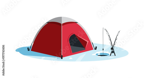 Red tent and fishing poles for winter ice fishing on a frozen pond. Isolated vector illustration