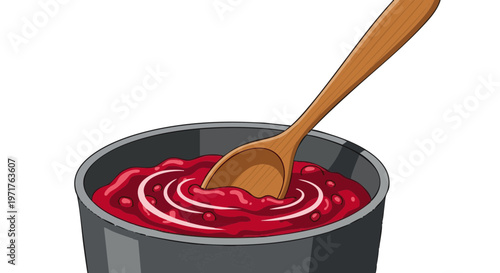 Illustration of a wooden spoon stirring thick red jam in a dark pot