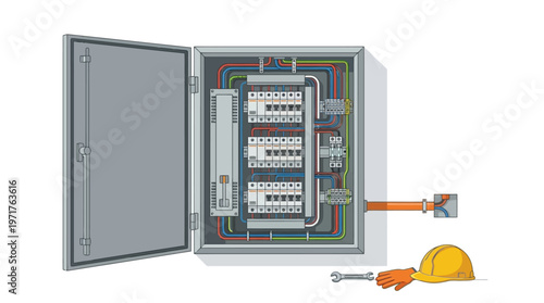 Industrial Electrical Distribution Panel with Open Door, Circuit Breakers, Wiring and Safety Equipment Illustration