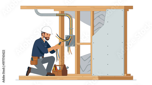 Professional Electrician Installing Electrical Wiring in a New House Construction Site. Flat Vector Illustration of a Repairman Working with Wires and Tools Inside a Wall Frame.