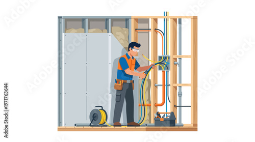 Professional Electrician Installing Electrical Wiring and Cables inside a New House Wall Construction Site, Vector Illustration