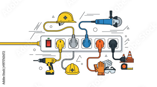 Flat Line Illustration of Construction Tools and Safety Gear Connected to an Electrical Power Strip for Workshop and DIY Projects