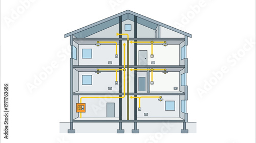 House Electrical System Cross-Section Diagram Showing Wiring and Power Distribution in a Residential Building