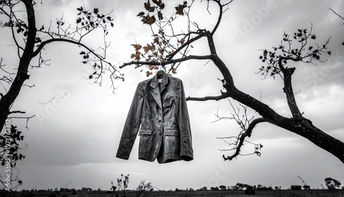 Black and White Photography of a Formal Jacket Hanging from a Bare Tree