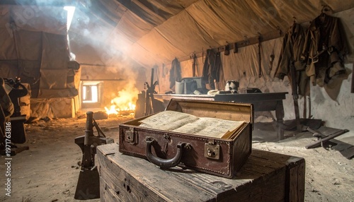 Vintage Suitcase with Open Book in Rustic Military Barracks