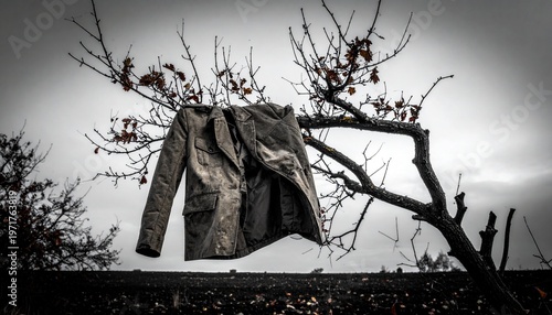 Abandoned Suit Jacket Hanging on a Bare Tree Branch in a Desolate Landscape