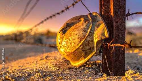 Abandoned Construction Helmet Hanging on Rusty Barbed Wire Fence at Sunset