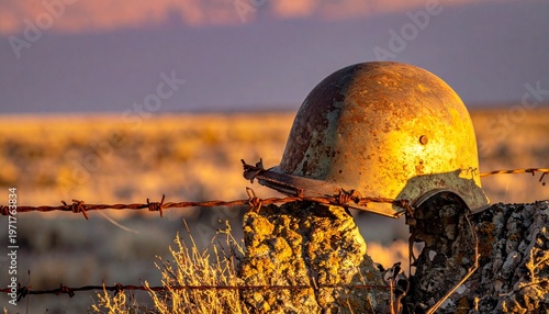 Old Military Helmet Resting on Barbed Wire Fence at Sunset