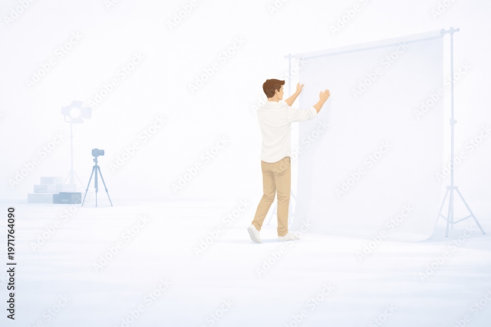 Fototapeta premium Studio Photographer Preparing Shooting Area Beside Seamless Backdrop