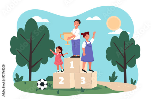 Children standing on a winner podium in a playful graphic style on an outdoor park background, symbolizing success and teamwork. Hand-drawn vector illustration