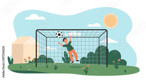 A child jumping to catch a soccer ball inside a goal in flat cartoon style on a bright outdoor garden background, expressing play, sport and activity concept. Hand-drawn vector illustration