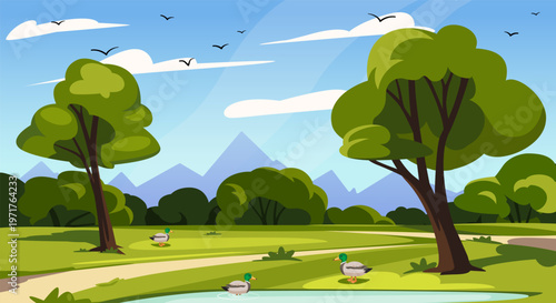 A lively park scene with trees, ducks, and mountains shown in a clean cartoon style on a bright sky background, symbolizing nature. Hand-drawn vector illustration