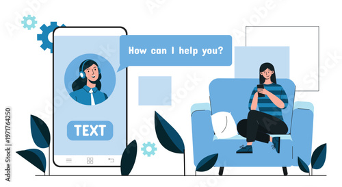 A woman texting on a sofa while a mobile chatbot assistant is shown on screen in a flat graphic style on a light background, expressing online support. Hand-drawn vector illustration