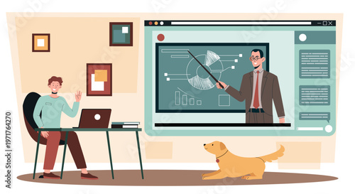 A student attending virtual lesson with teacher displayed on screen in flat style on a light home background, showing concept of online education and communication. Hand-drawn vector illustration