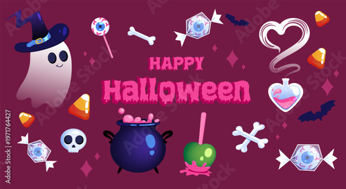 Cartoon Halloween elements with ghost, candy, cauldron and bones on dark purple background expressing spooky holiday celebration. Hand-drawn vector illustration