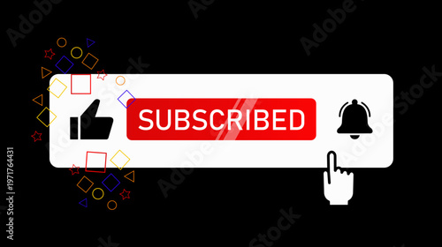 Subscribe button with like and bell icons in flat graphic style on a black background with colorful shapes surrounding it, expressing social media engagement. Hand-drawn vector illustration