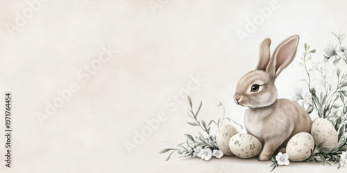 Illustration of a rabbit with easter eggs, painted in soft earth tones