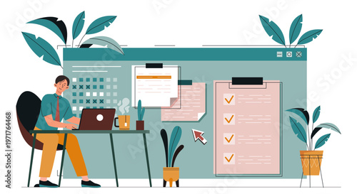 Man working at desk with laptop in stylized graphic scene on light background, concept of productivity and task management. Hand-drawn vector illustration