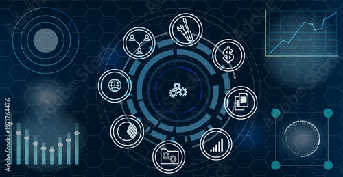 A digital interface showing technology, analytics, finance and global icons in a modern futuristic graphic style on a dark hexagonal background, concept of innovation. Hand-drawn vector illustration