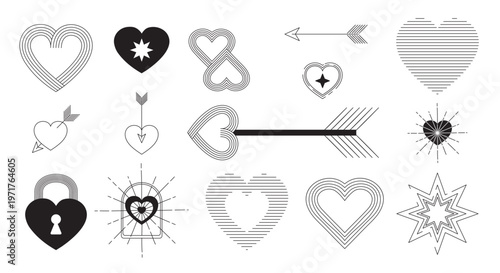 Minimal heart and arrow icons in clean linear graphic style on white background, expressing love and romance concept in elegant decorative design. Hand-drawn vector illustration