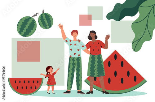 A family in watermelon-themed outfits in flat style on a light background, expressing a playful summer idea. Hand-drawn vector illustration
