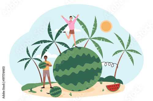 Two people with a giant watermelon on a tropical beach in flat style under a bright sun, showing joyful summer vibes and playful mood. Hand-drawn vector illustration