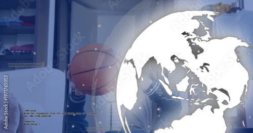 Teen male practicing overhead ball handling upon overlays appearing globe sometimes hiding tech