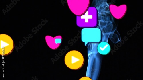 Vertical video: tiny heart appearing, icons flowing and clustering over blue smoke showing growth