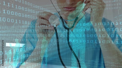 Doctor holding handset and checking stethoscope starting telecare binary overlay guiding exam