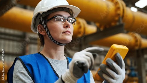 Man in hard hat using tablet.