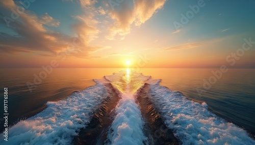 Boat wake on calm ocean water at sunset. Golden sun on the horizon reflects on the sea surface. Clouds fill the sky with soft orange and blue hues. Serene seascape view from vessel.