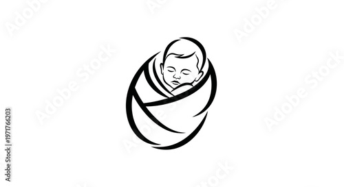 Sleeping Newborn Baby Wrapped in Swaddling Clothes, Simple Line Art Icon