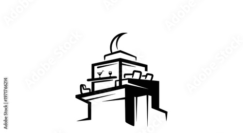 Modern Bar Counter with Stools and Drinks, Nightlife Icon