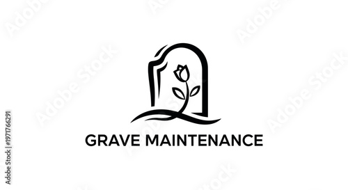 Grave Maintenance Logo: Tombstone with Rose and Wavy Lines