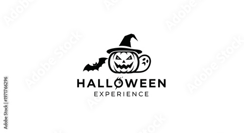 Halloween Logo with Pumpkin, Witch Hat, Bat and Ghost