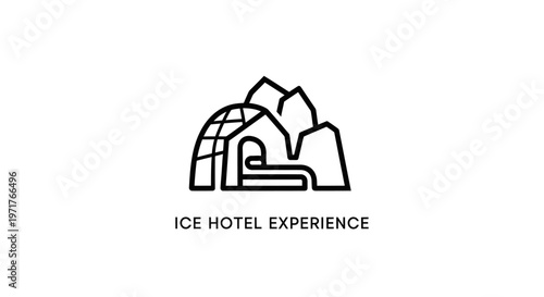 Minimalist outline icon of an igloo in a snowy landscape with text "ICE HOTEL EXPERIENCE"