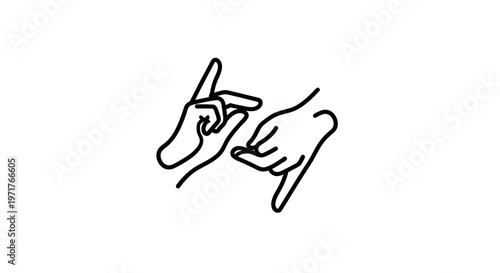 Minimalist illustration of two hands performing sign language gestures on a white background.