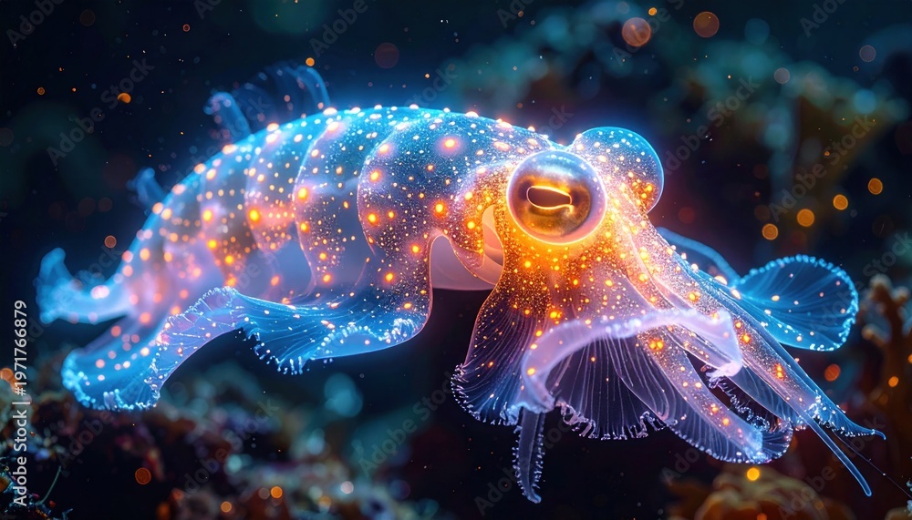 Obraz premium Luminescent sea creature with glowing spots in the dark ocean, over coral