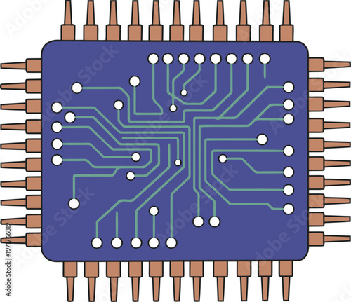 Detailed binural processor chip schematic illustration. Modern, blue and brown tones. Clean, technical design. Ideal for tech, electronics, and circuit board visuals.