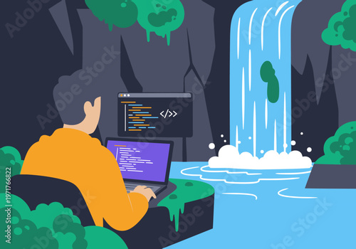 A developer enjoys remote waterfall work, coding by a stunning virtual cascade. Modern, vibrant, and inspiring digital art.