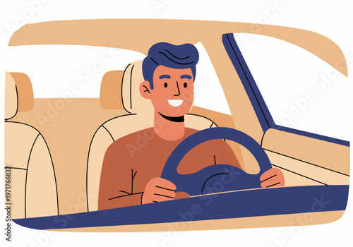 A smiling male driver enjoys a scenic drive in an electric vehicle. Modern, clean design, conveying a sense of optimism and sustainable transportation.