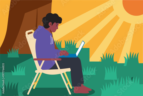 A digital nomad enjoys working outdoors, bathed in sunlight, using a laptop on a chair amidst lush greenery. A vibrant, modern scene.