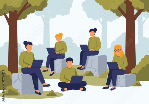 Diverse team collaborates outdoors in a forest park, working on laptops. A modern, collaborative scene with a natural backdrop. Ideal for business and remote work visuals.