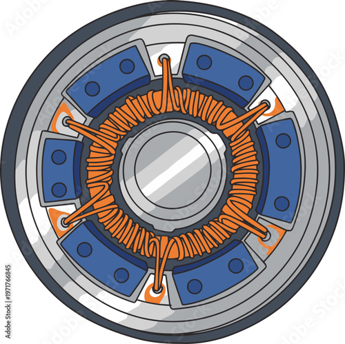 Detailed illustration showcases a headphone driver utilizing spatial tech. Vibrant colors highlight the motor and coil design. Modern, technical, and visually engaging.