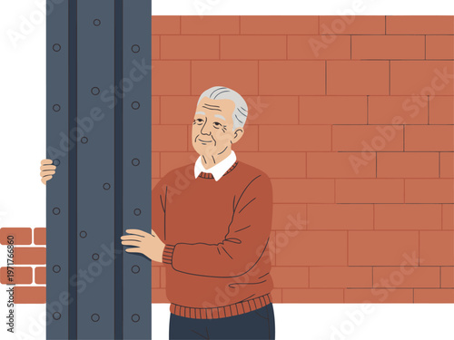 An elderly man examines a loft conversion wall, showcasing a senior lifestyle upgrade. Warm tones and a textured brick backdrop create a comforting visual.