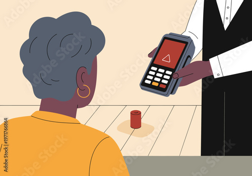 An elderly woman struggles with a payment error at a restaurant. A concerned attendant offers assistance. Illustrative style, highlighting a potential tech challenge.
